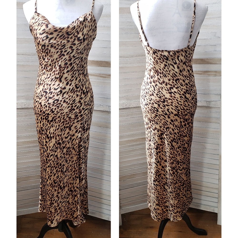 Leopard Print Cowl Neck High Slit Midi Slip Dress